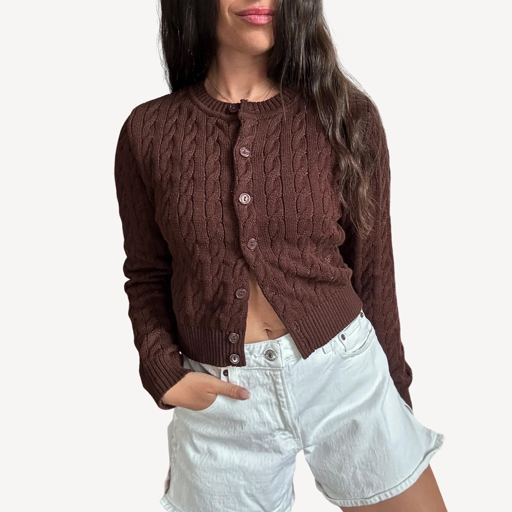 Frankies Bikinis Dudley Cable Knit Cardigan in Brown Sugar